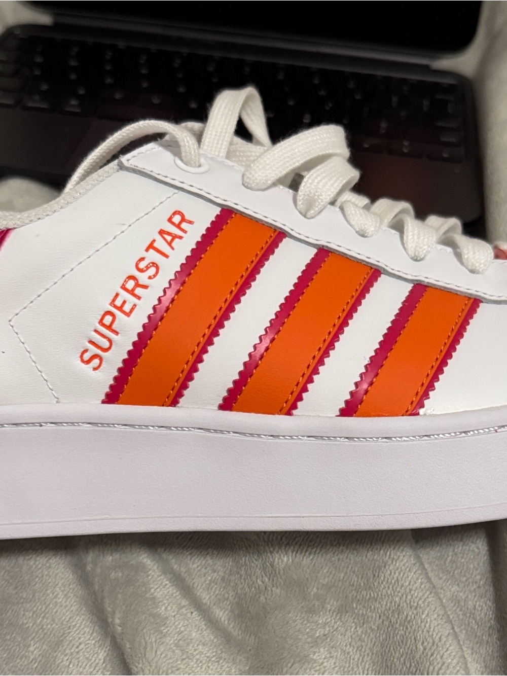 adidas White Sneakers with Pink & Orange Stripes